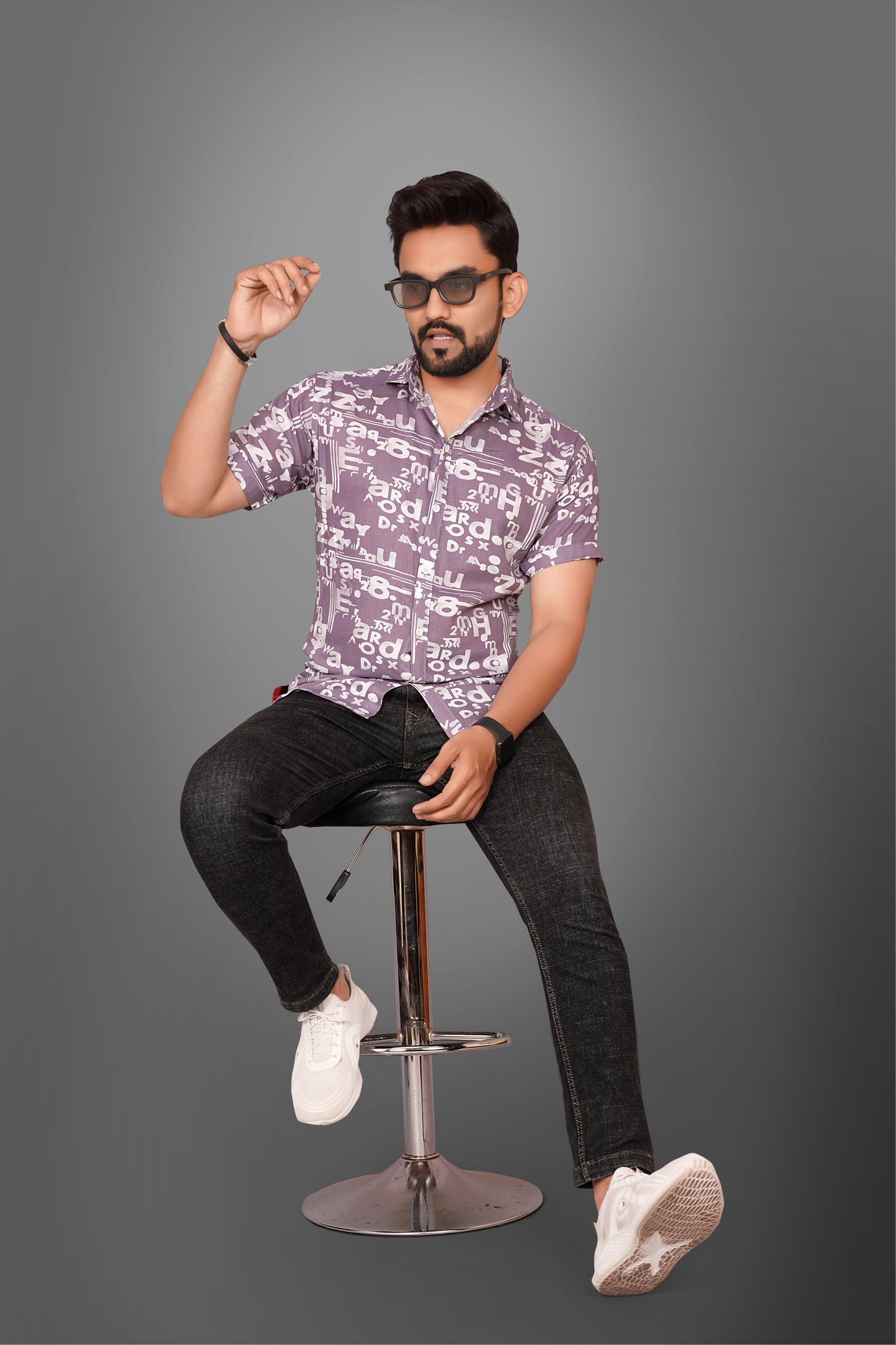 SUR-T Men's Regular Fit Printed Spread Collar Casual Purple Shirt