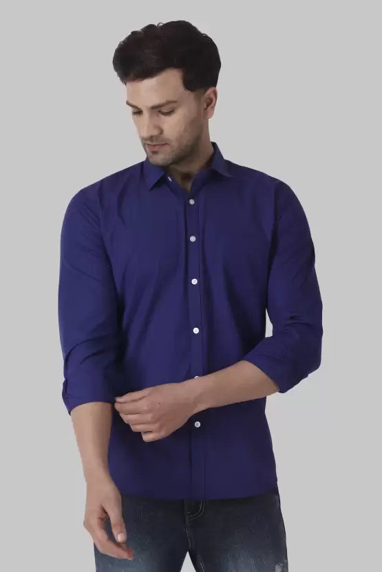 Men's Regular Fit Solid Spread Collar Casual Royal Blue Shirt
