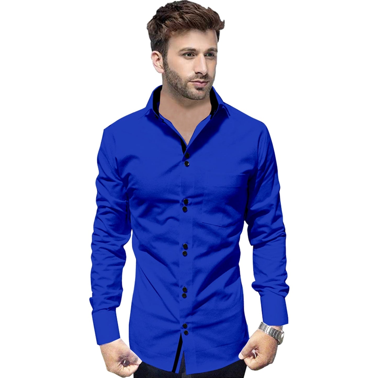 Men's Solid Slim Fit Cotton Double Button Royel Blue Shirt