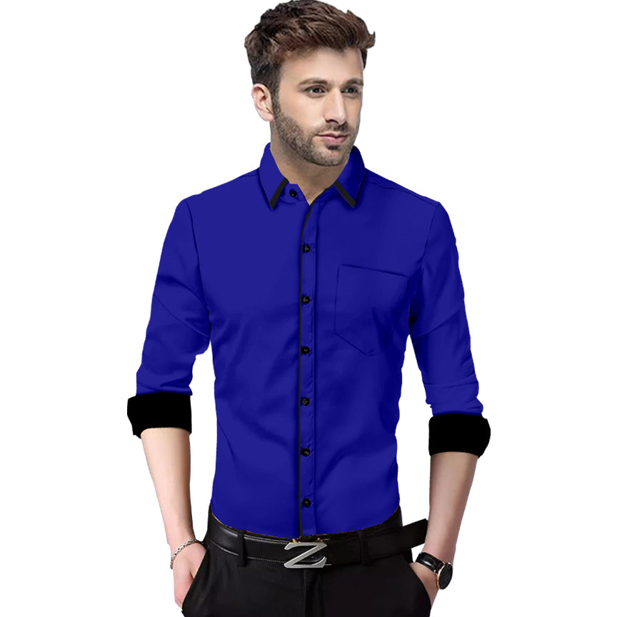 Men's Liner Design Slim Fit Royel Blue Cotton Shirt