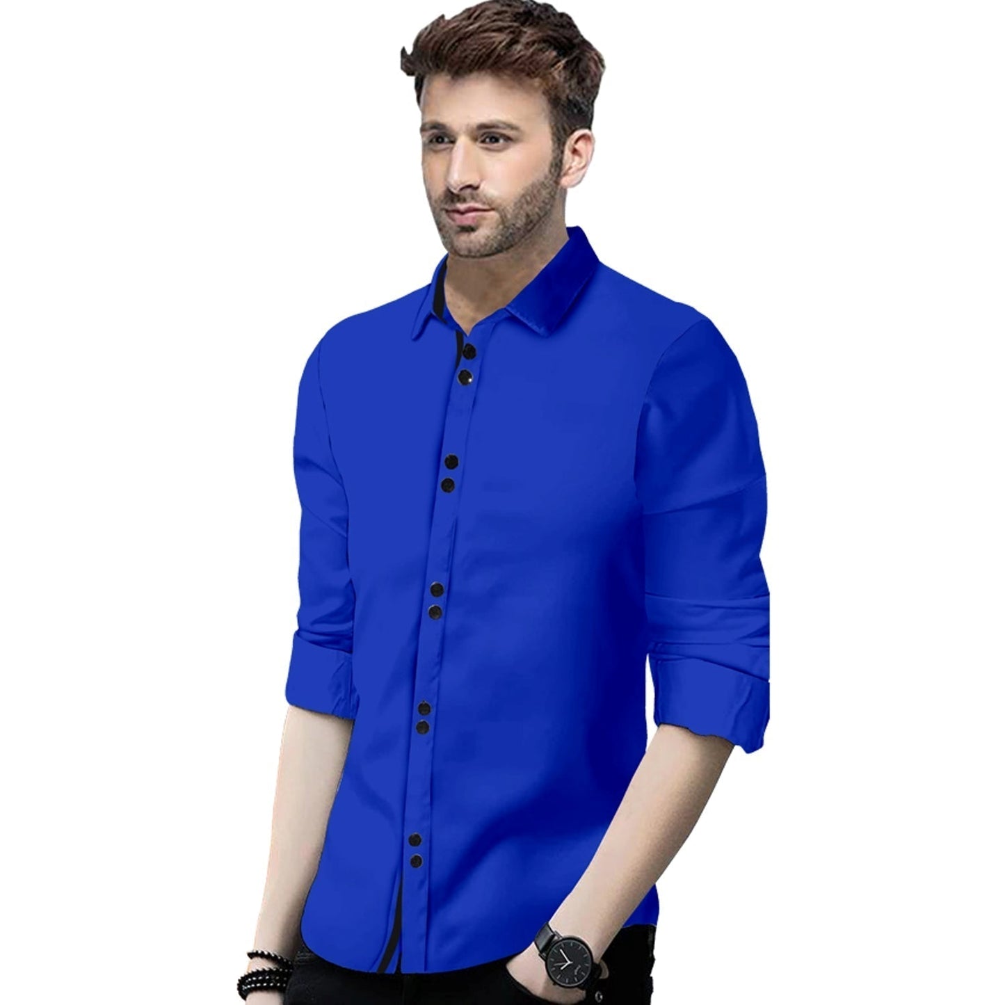 Men's Solid Slim Fit Cotton Double Button Royel Blue Shirt