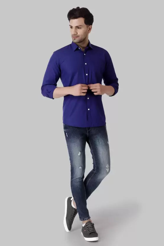 Men's Regular Fit Solid Spread Collar Casual Royal Blue Shirt