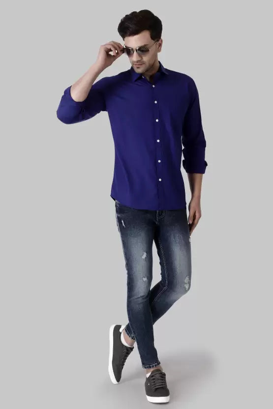 Men's Regular Fit Solid Spread Collar Casual Royal Blue Shirt