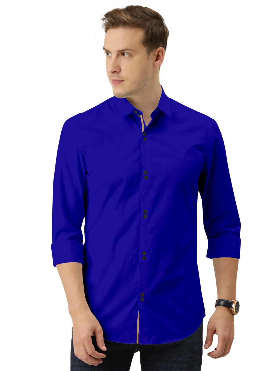 Men's Solid Slim Fit Cotton Double Button Royal Blue Khaki Shirt