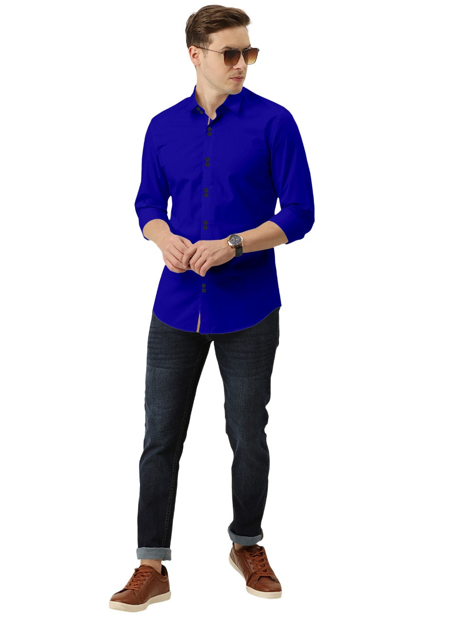 Men's Solid Slim Fit Cotton Double Button Royal Blue Khaki Shirt