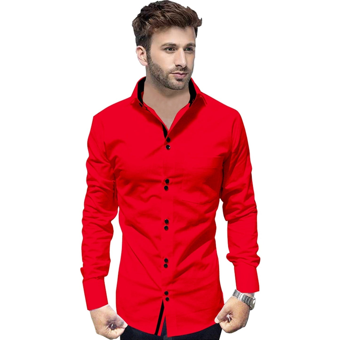 Men's Solid Slim Fit Cotton Double Button Red Shirt