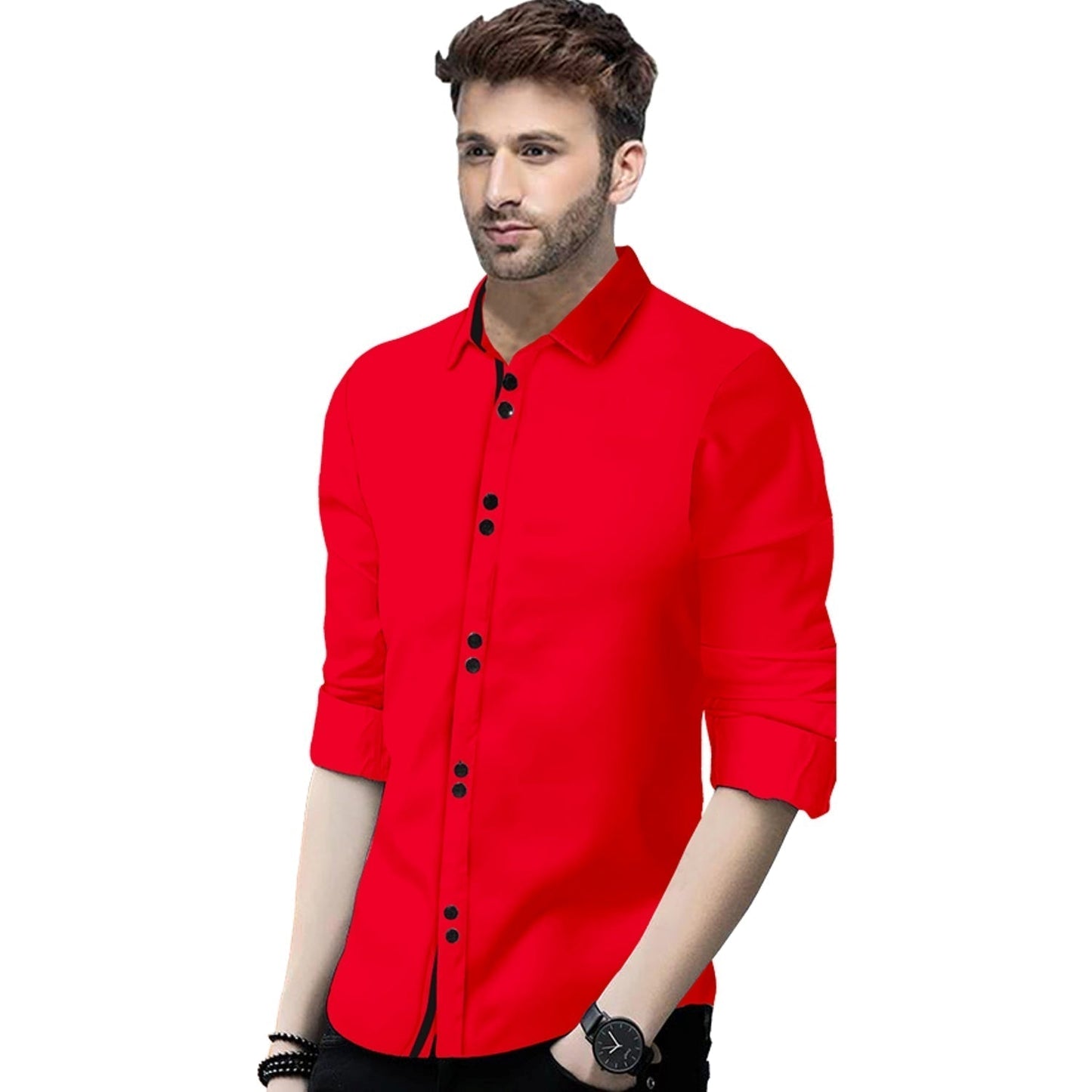 Men's Solid Slim Fit Cotton Double Button Red Shirt