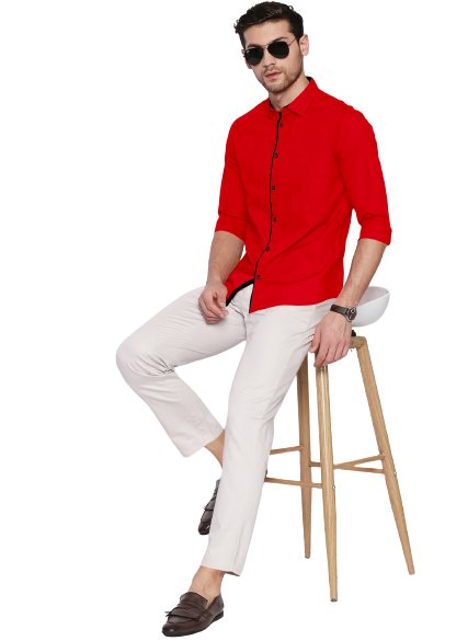 Men's Liner Design Slim Fit Red Cotton Shirt