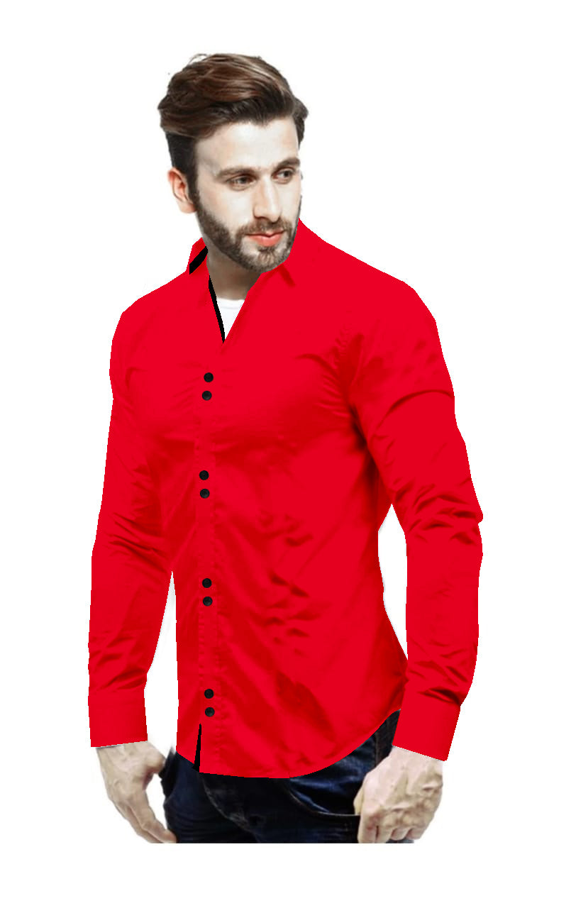 Men's Solid Slim Fit Cotton Double Button Red Shirt