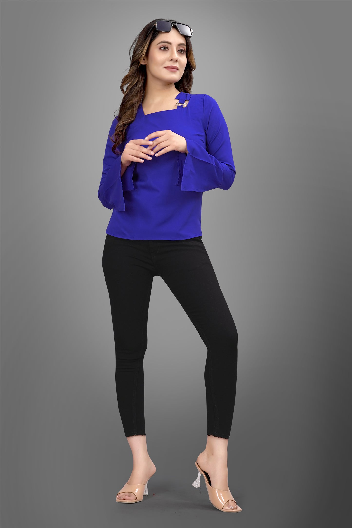 SUR-T Regular Sleeves Solid Velvet Women Royal Blue Top