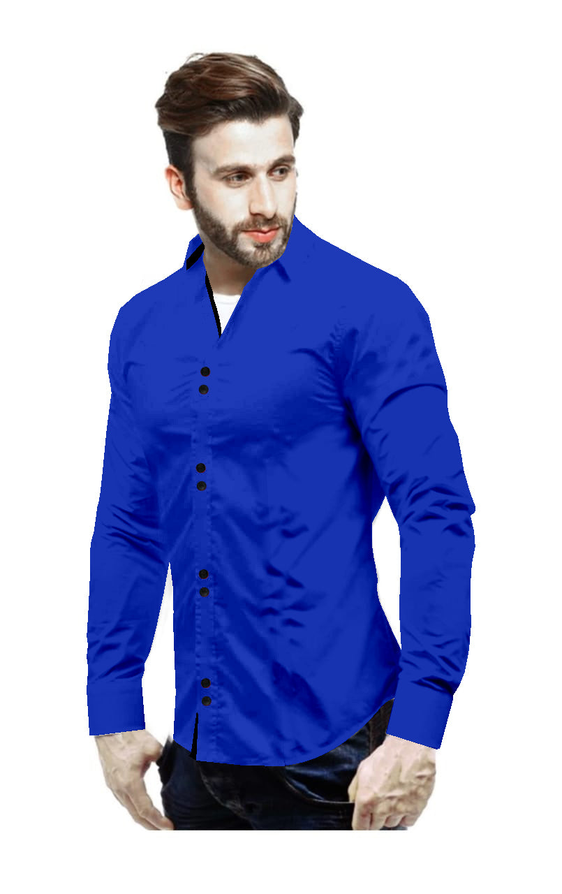 Men's Solid Slim Fit Cotton Double Button Royel Blue Shirt