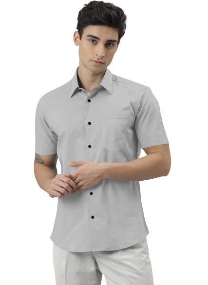Men's Solid Slim Fit Cotton Half Sleeves Silver Shirt