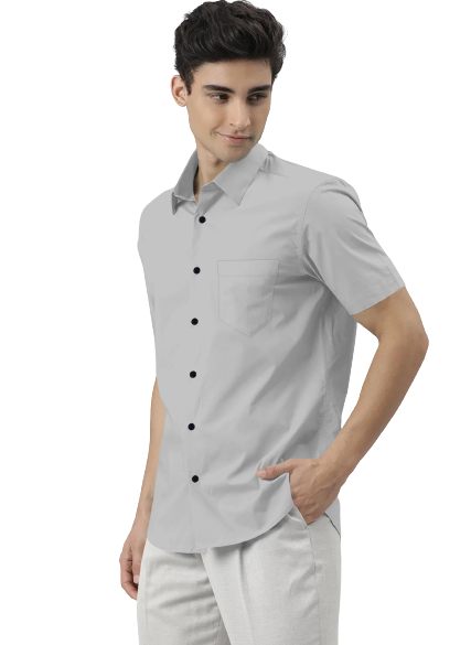 Men's Solid Slim Fit Cotton Half Sleeves Silver Shirt