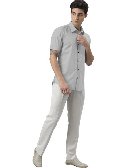 Men's Solid Slim Fit Cotton Half Sleeves Silver Shirt