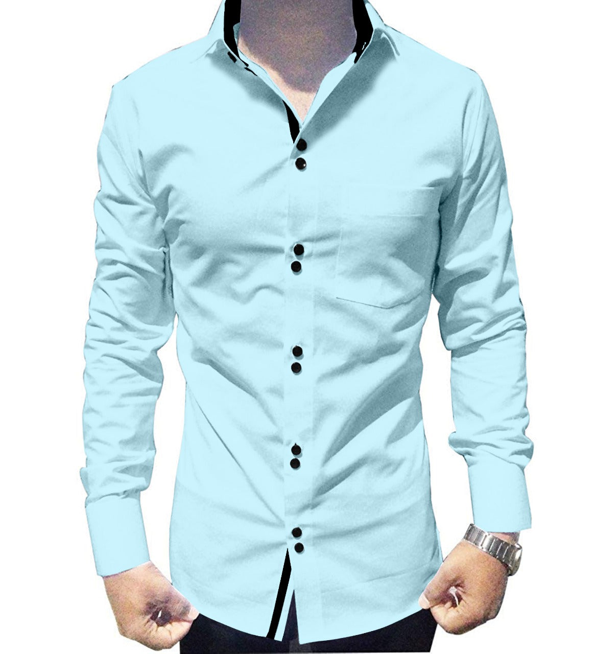 Men's Solid Slim Fit Cotton Double Button Sky Blue Shirt