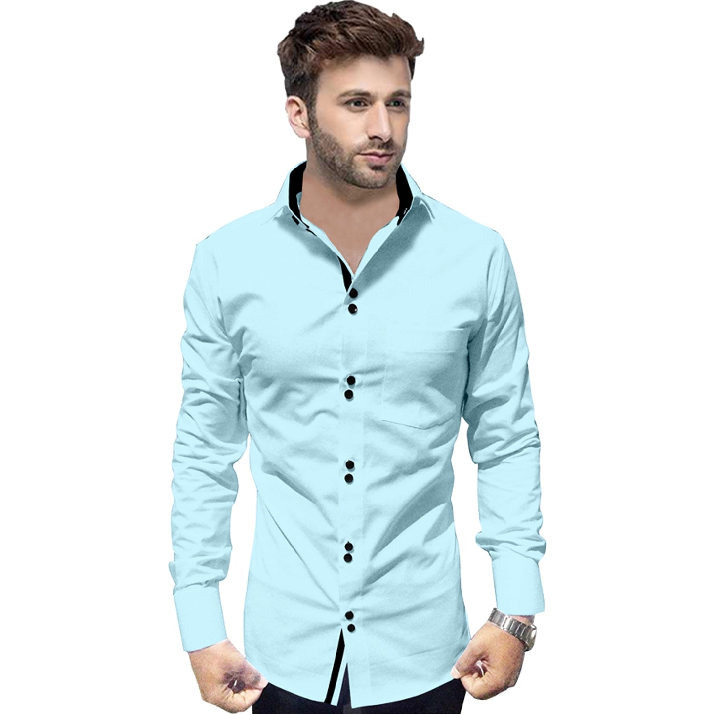 Men's Solid Slim Fit Cotton Double Button Sky Blue Shirt