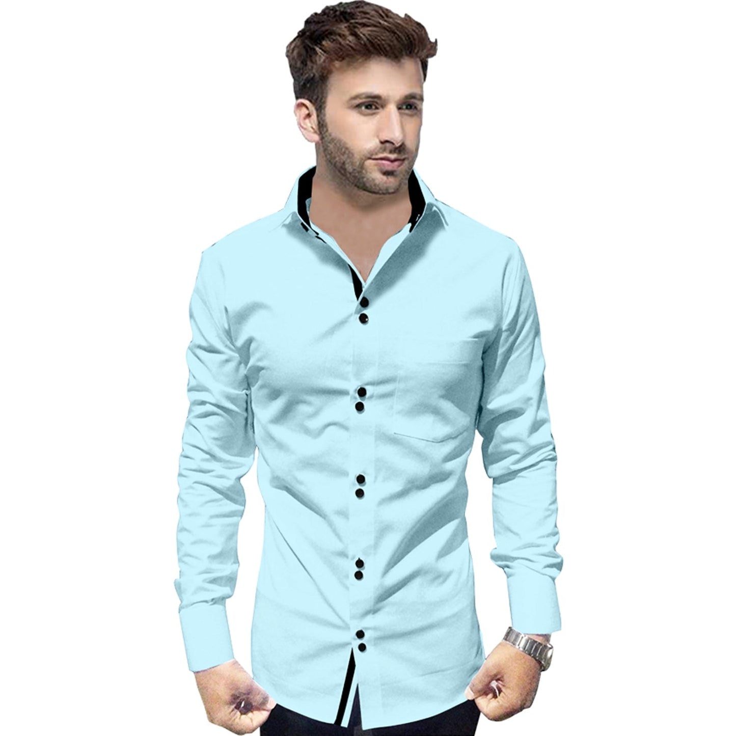 Men's Solid Slim Fit Cotton Double Button Sky Blue Shirt