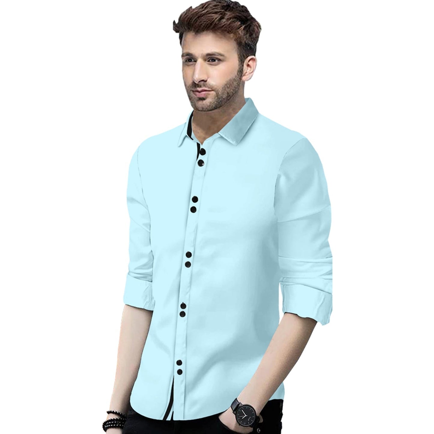 Men's Solid Slim Fit Cotton Double Button Sky Blue Shirt