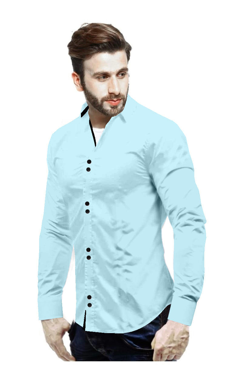 Men's Solid Slim Fit Cotton Double Button Sky Blue Shirt