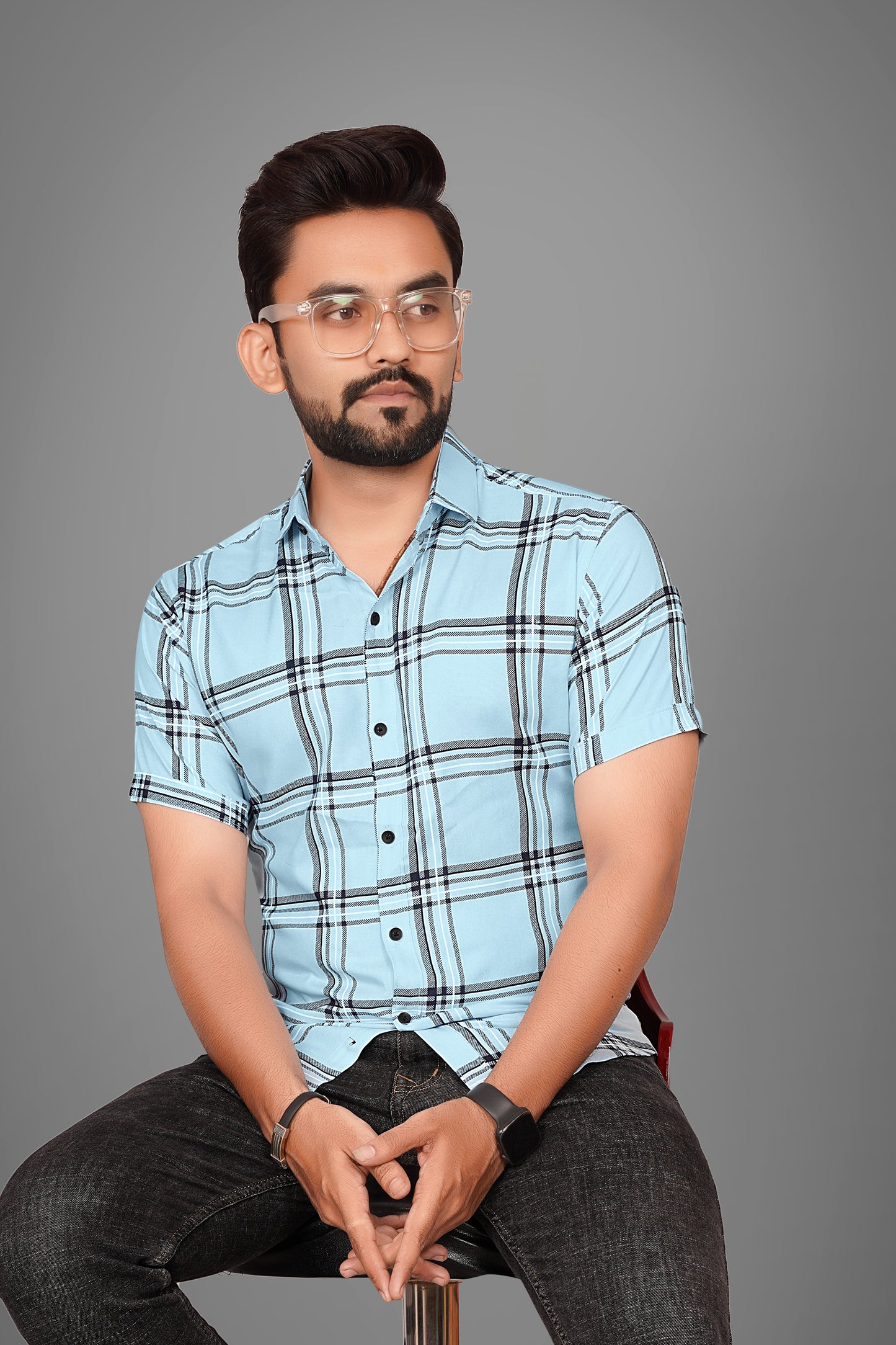 SUR-T Men Regular Fit Checkered Spread Collar Casual SKY Blue Shirt