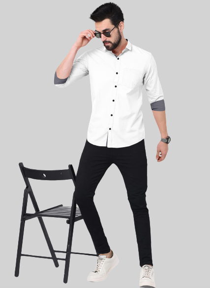 Men's Solid Plain Design Slim Fit White Cotton Shirt