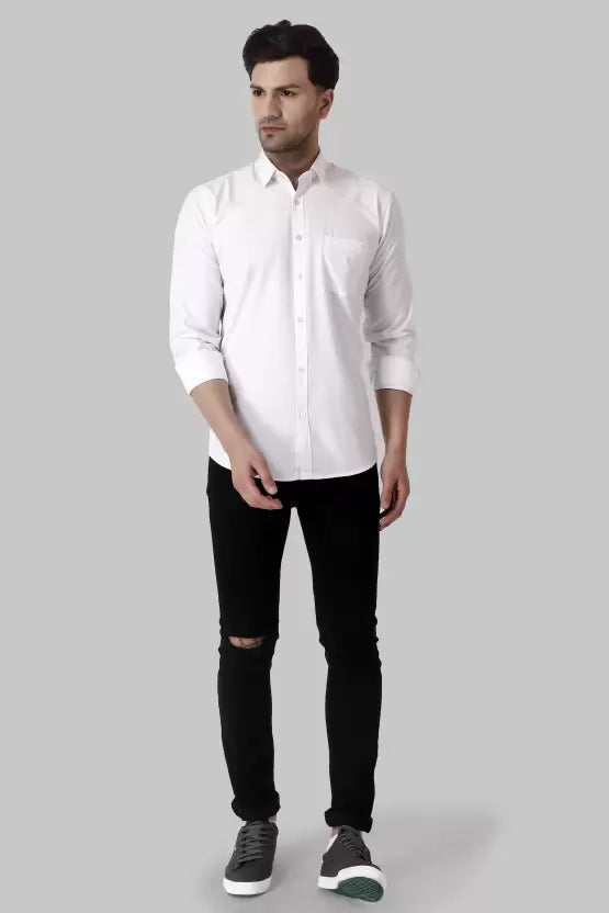 Men's Regular Fit Solid Spread Collar Casual White Shirt