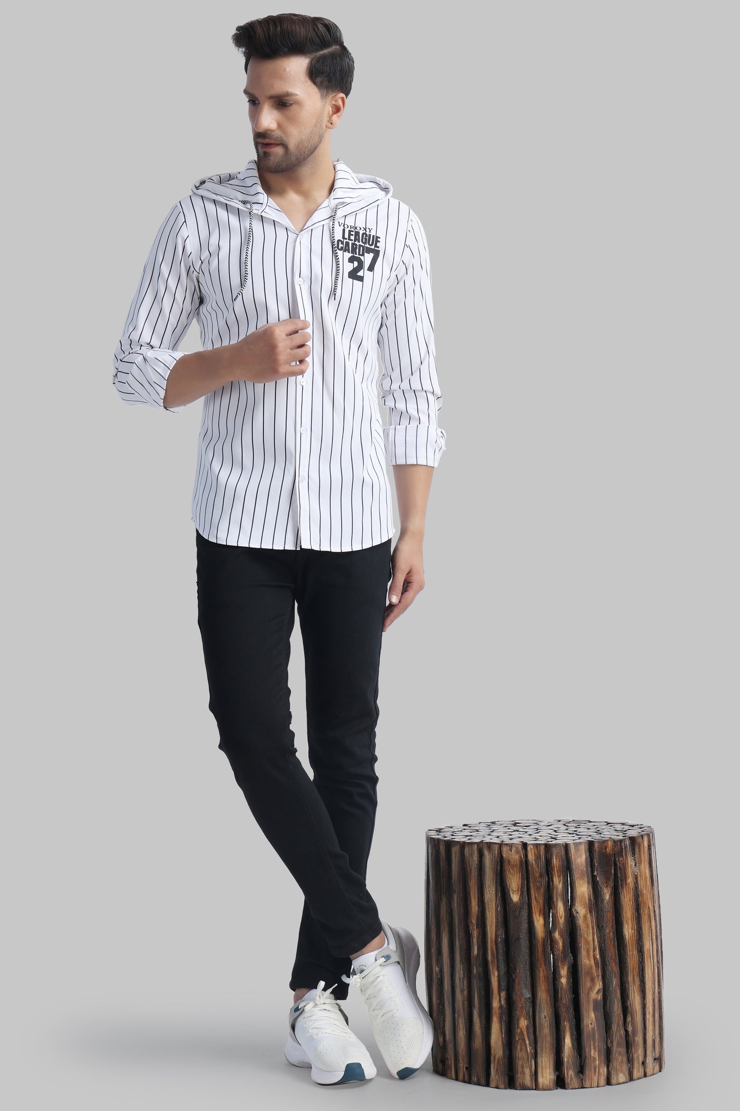 SUR-T Men's Regular Fit Striped Ribbed Collar Casual White Shirt