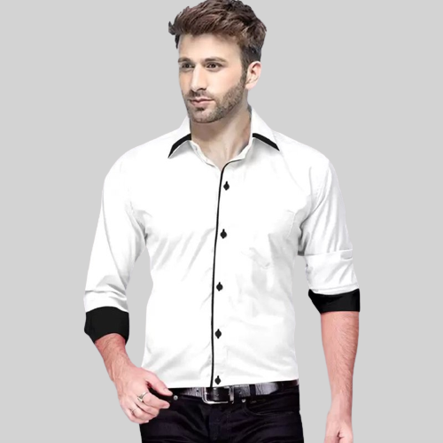 Men's Liner Design Slim Fit White Black Cotton Shirt