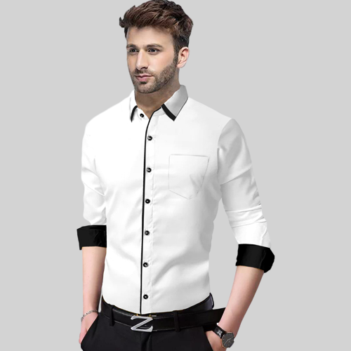 Men's Liner Design Slim Fit White Black Cotton Shirt