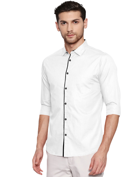Men's Liner Design Slim Fit White Black Cotton Shirt
