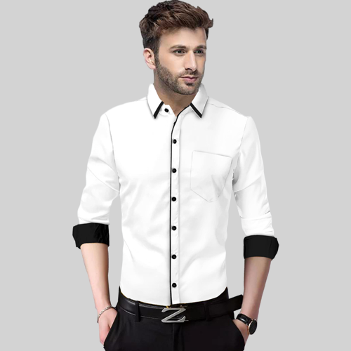 Men's Liner Design Slim Fit White Black Cotton Shirt