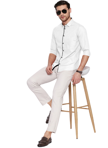 Men's Liner Design Slim Fit White Black Cotton Shirt