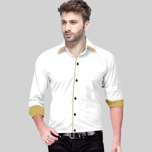 Men's Liner Design Slim Fit White Khaki Cotton Shirt