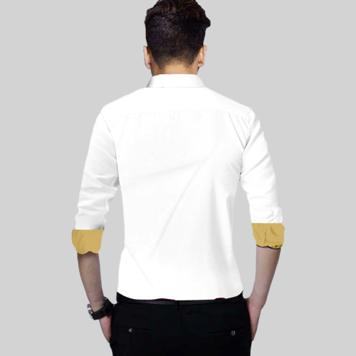 Men's Liner Design Slim Fit White Khaki Cotton Shirt