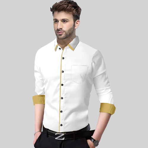 Men's Liner Design Slim Fit White Khaki Cotton Shirt