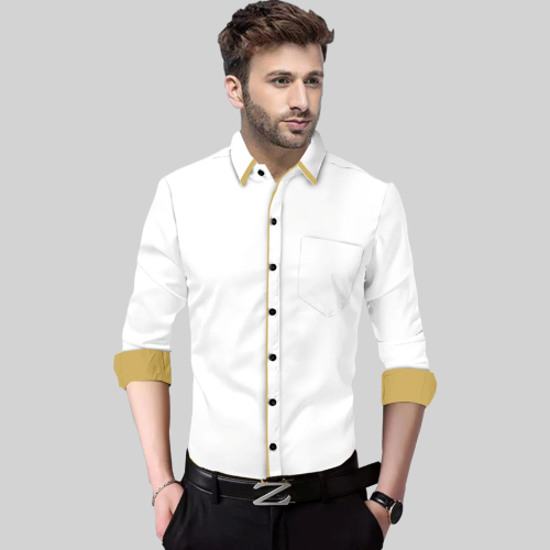 Men's Liner Design Slim Fit White Khaki Cotton Shirt