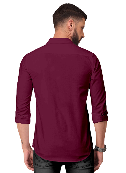 Men's Solid Plain Design Slim Fit Wine Cotton Shirt