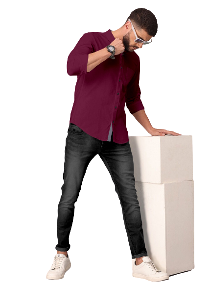Men's Solid Plain Design Slim Fit Wine Cotton Shirt