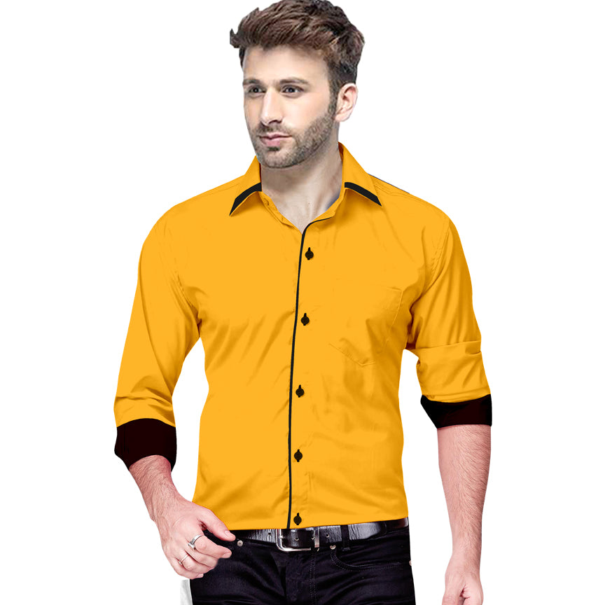 Men's Liner Design Slim Fit Yellow Cotton Shirt