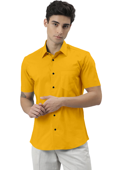 Men's Solid Slim Fit Cotton Half Sleeves Yellow Shirt