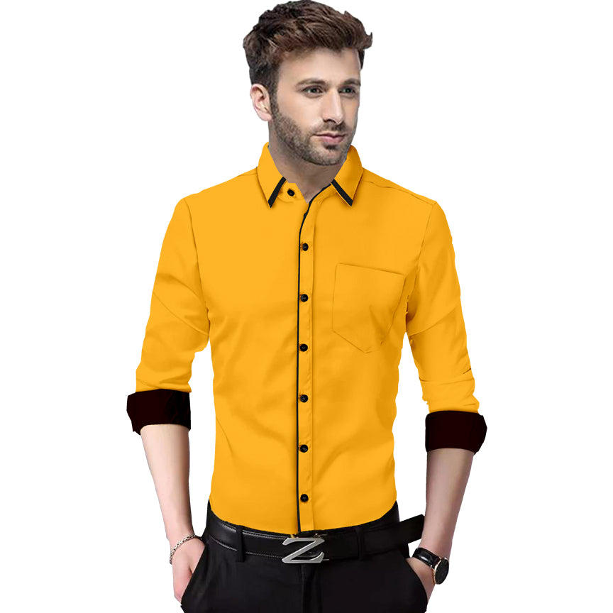 Men's Liner Design Slim Fit Yellow Cotton Shirt
