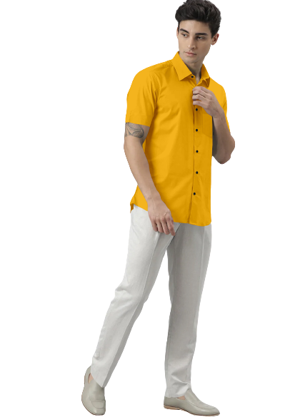 Men's Solid Slim Fit Cotton Half Sleeves Yellow Shirt