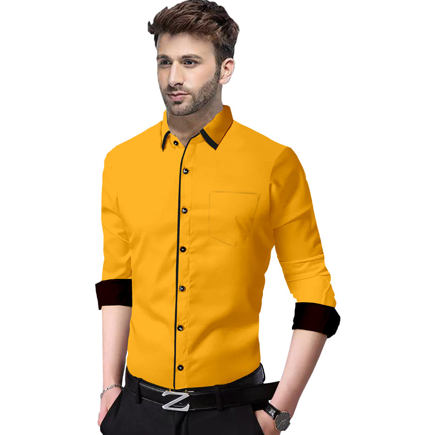 Men's Liner Design Slim Fit Yellow Cotton Shirt