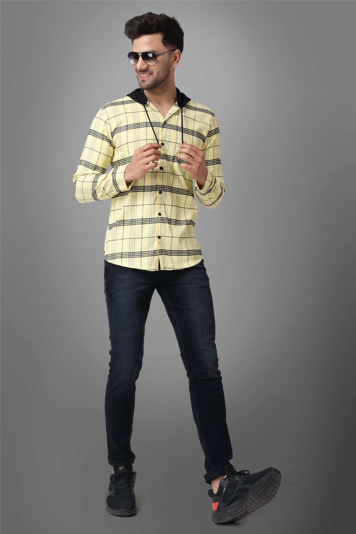 SUR-T Men's Regular Fit Checkered Hood Collar Casual Yellow Classic Hoodie Shirt