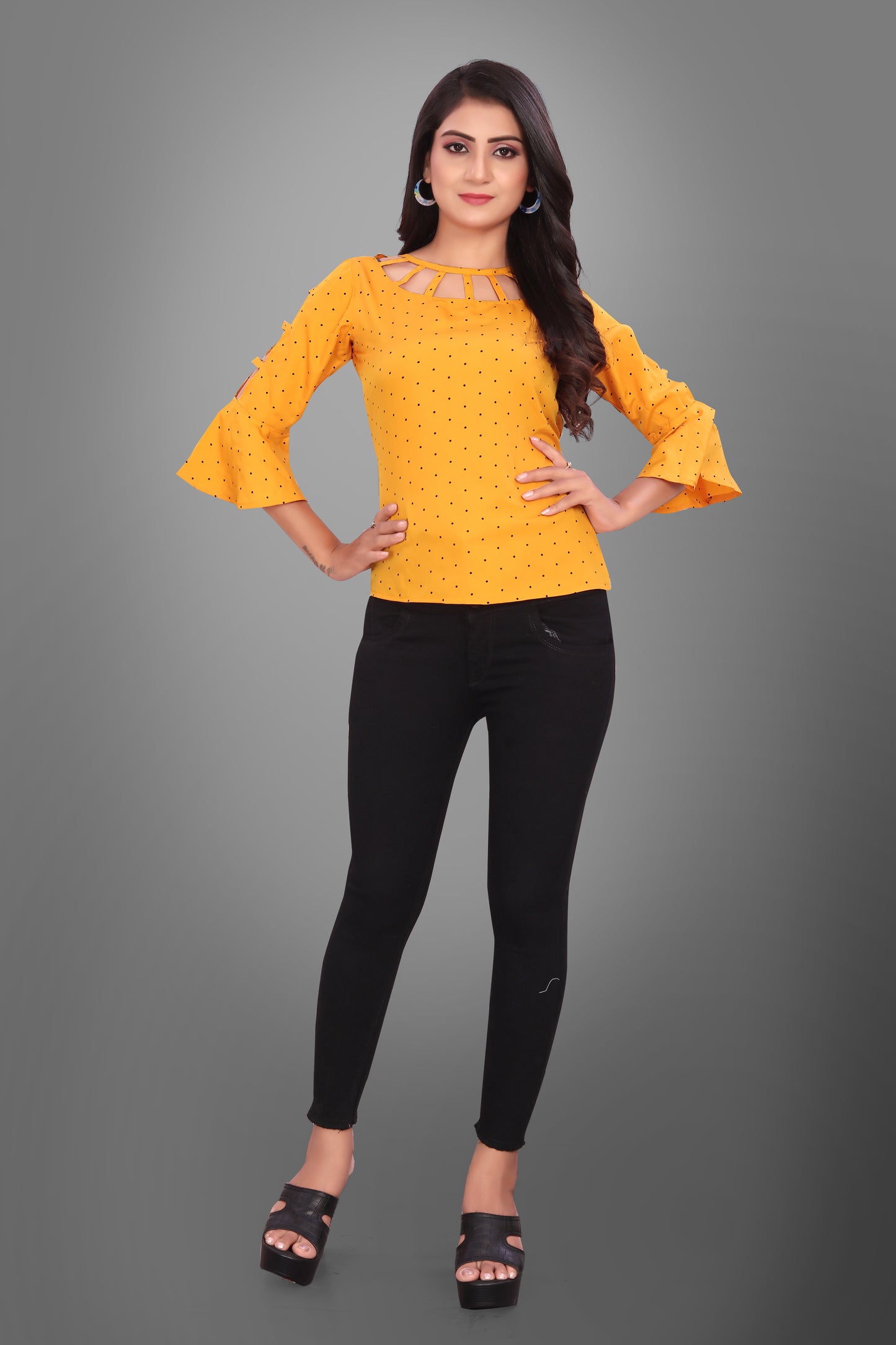 SUR-T Casual Bell Sleeves Polka Print Women Yellow Top