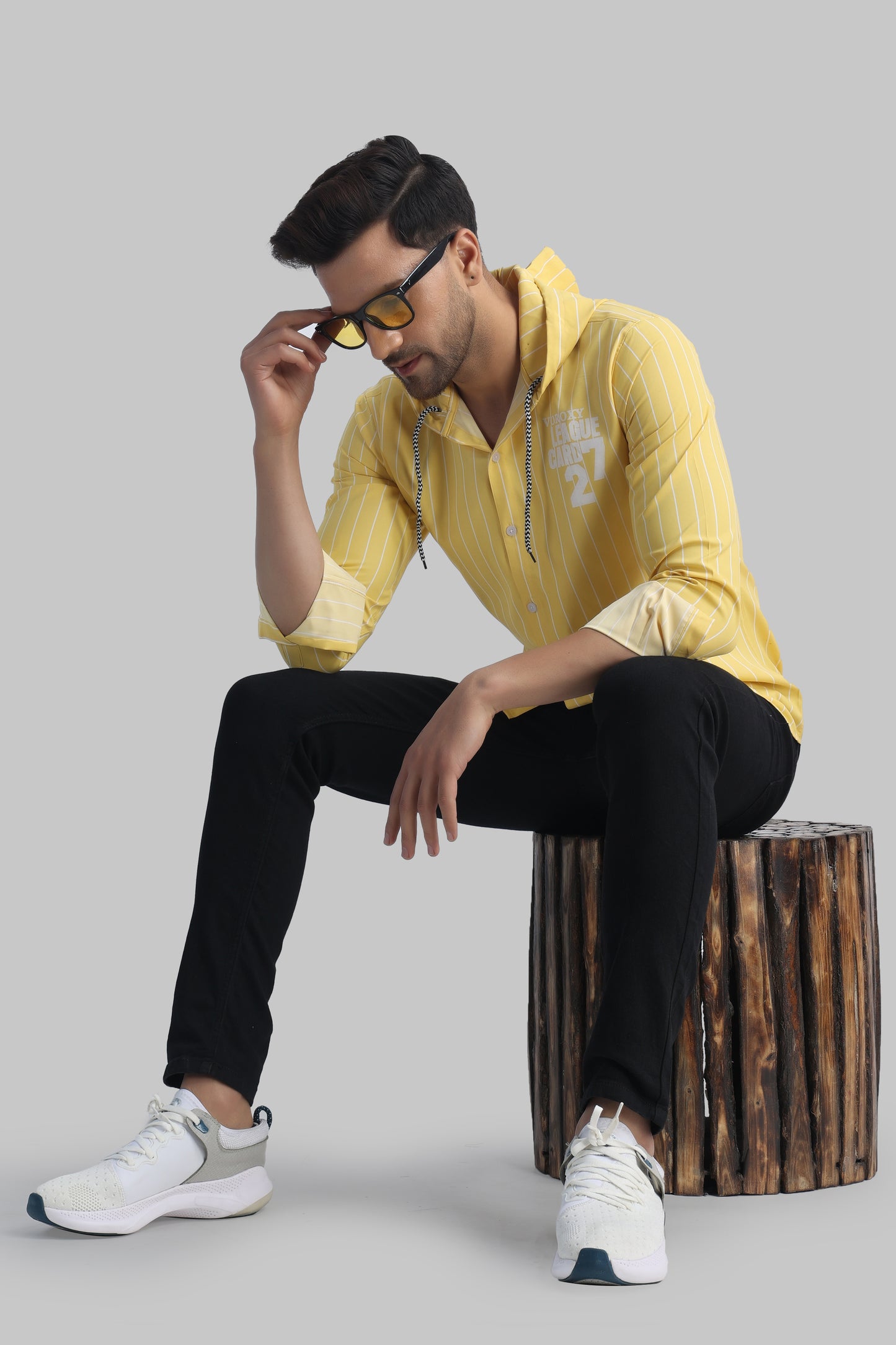 SUR-T Men's Regular Fit Striped Ribbed Collar Casual Yellow Shirt