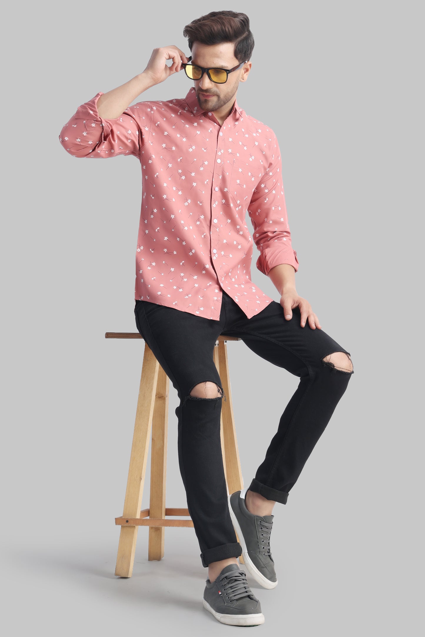 SUR-T Men Regular Fit Printed Spread Collar Casual Pink Shirt