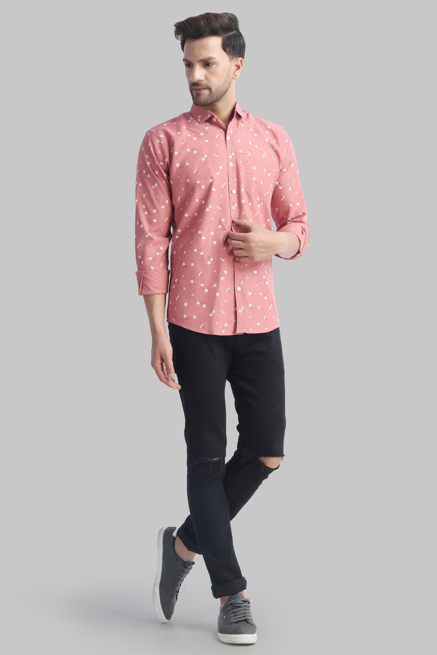 SUR-T Men Regular Fit Printed Spread Collar Casual Pink Shirt