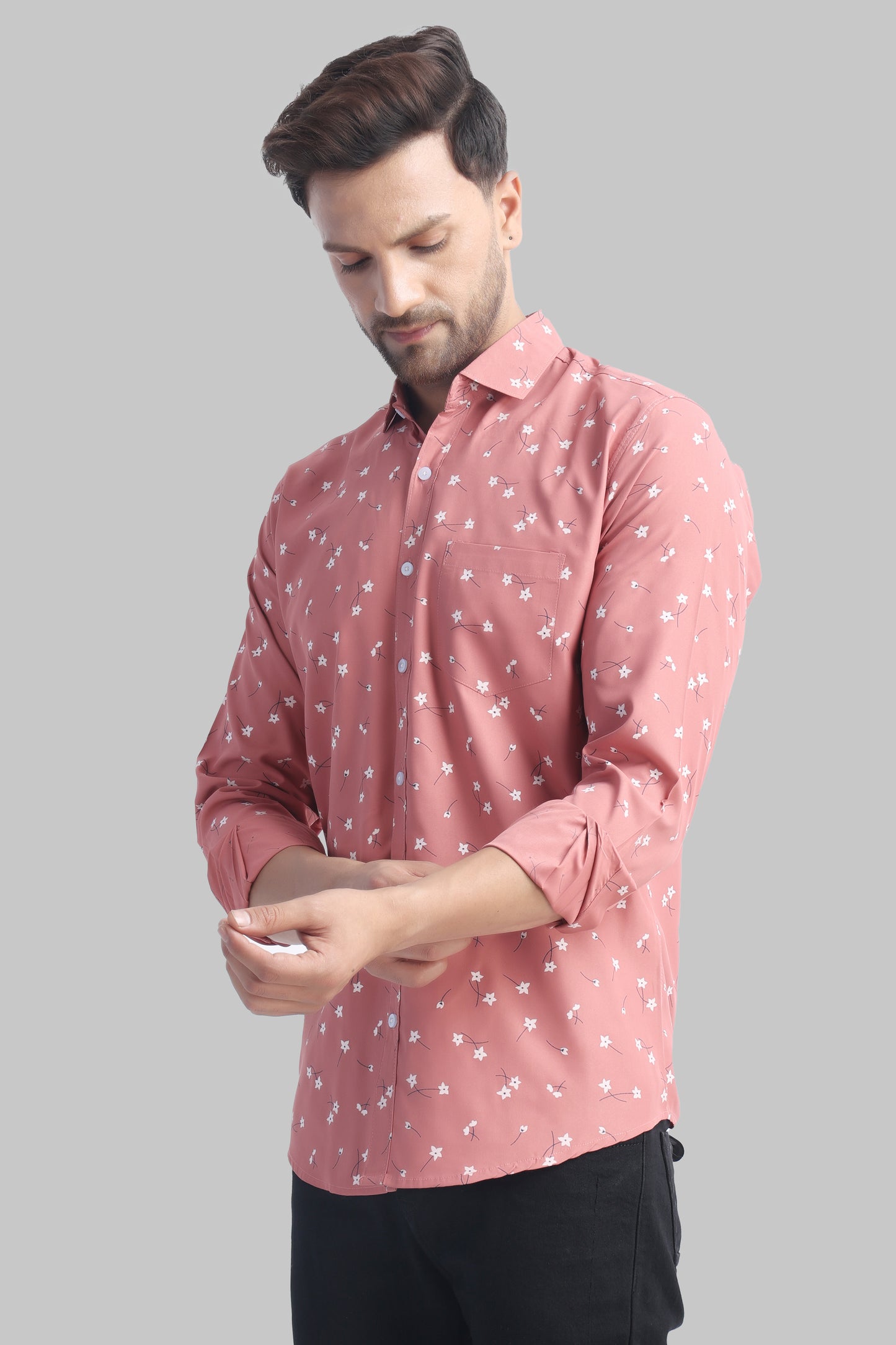 SUR-T Men Regular Fit Printed Spread Collar Casual Pink Shirt