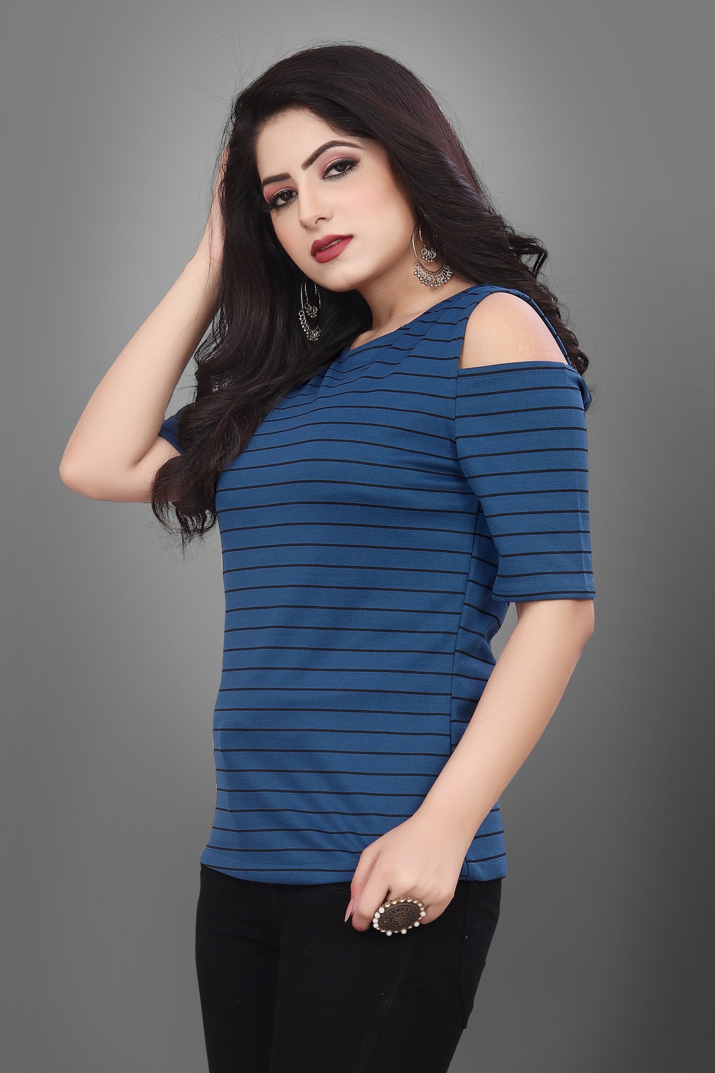 SUR-T Casual Half Sleeves Striped Women Royal Blue Top